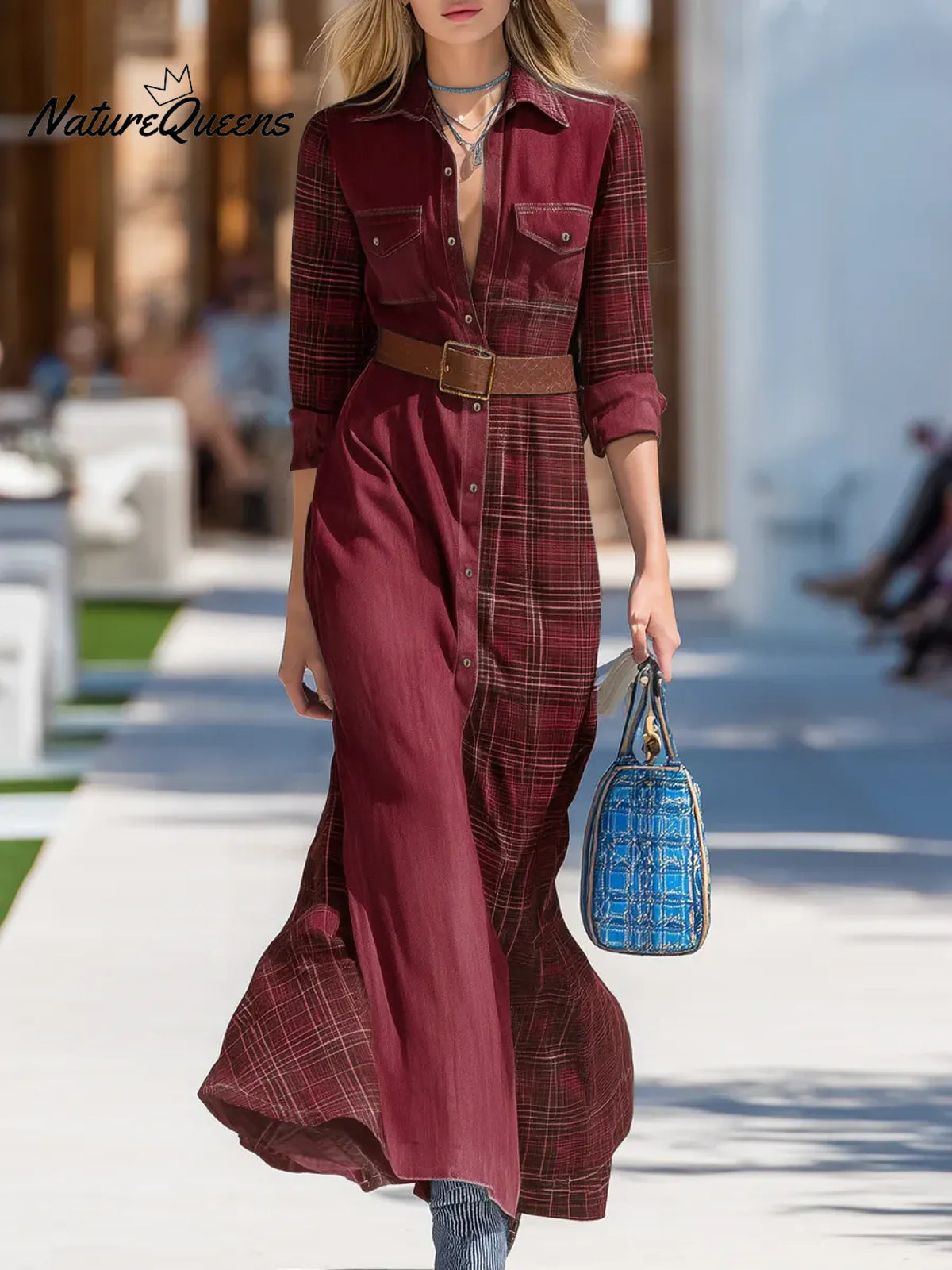 Women's Plaid Patchwork Shirt Collar Long-sleeved Casual Loose Cotton And Linen Dress