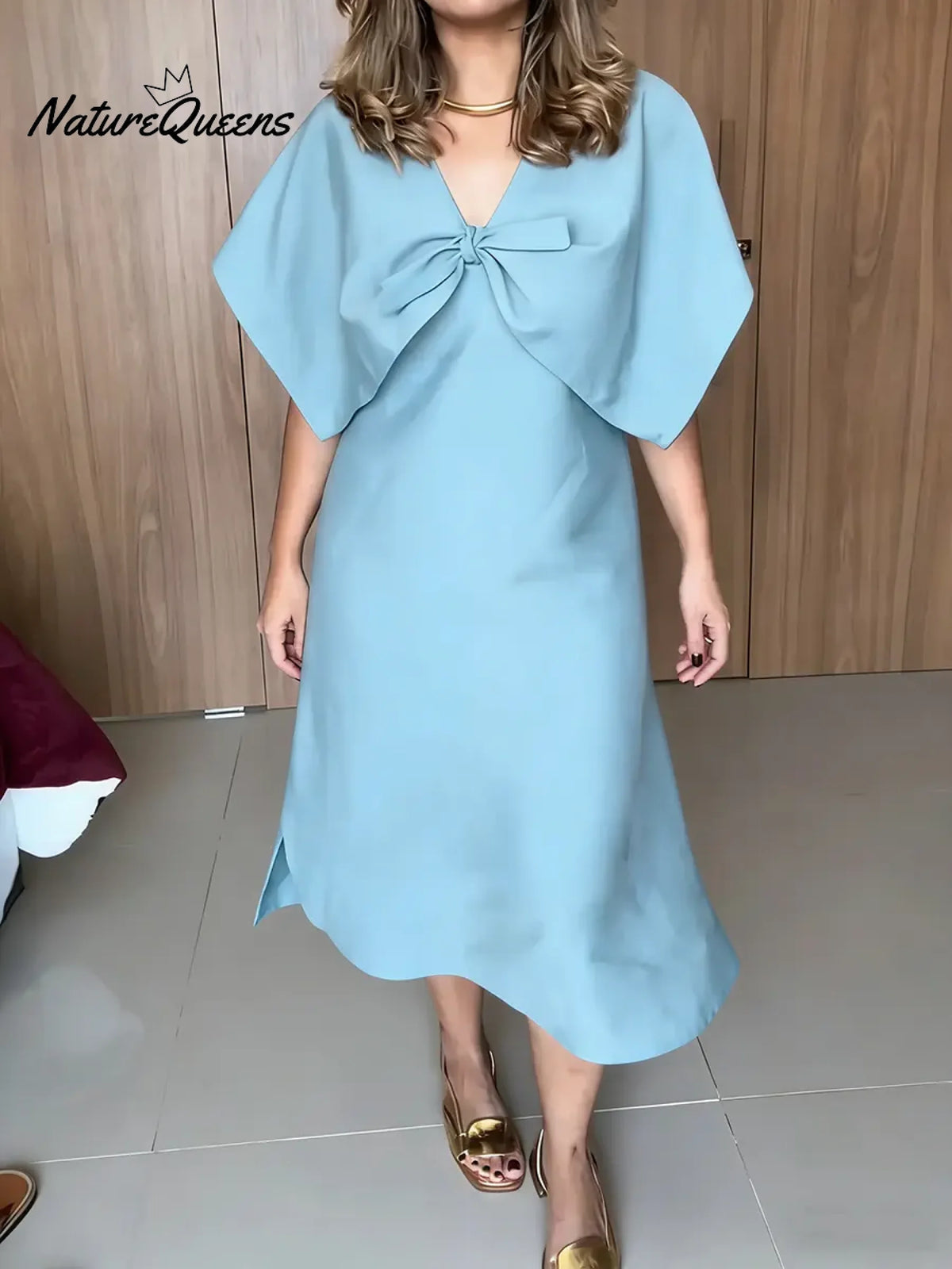 Women's Solid Color V-neck Short-sleeve Casual Loose Cotton Dress