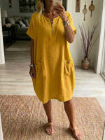 Casual Loose Half-zip Linen And Cotton Dress