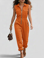 Fashionable And Casual Zippered Sleeveless Cotton Jumpsuit