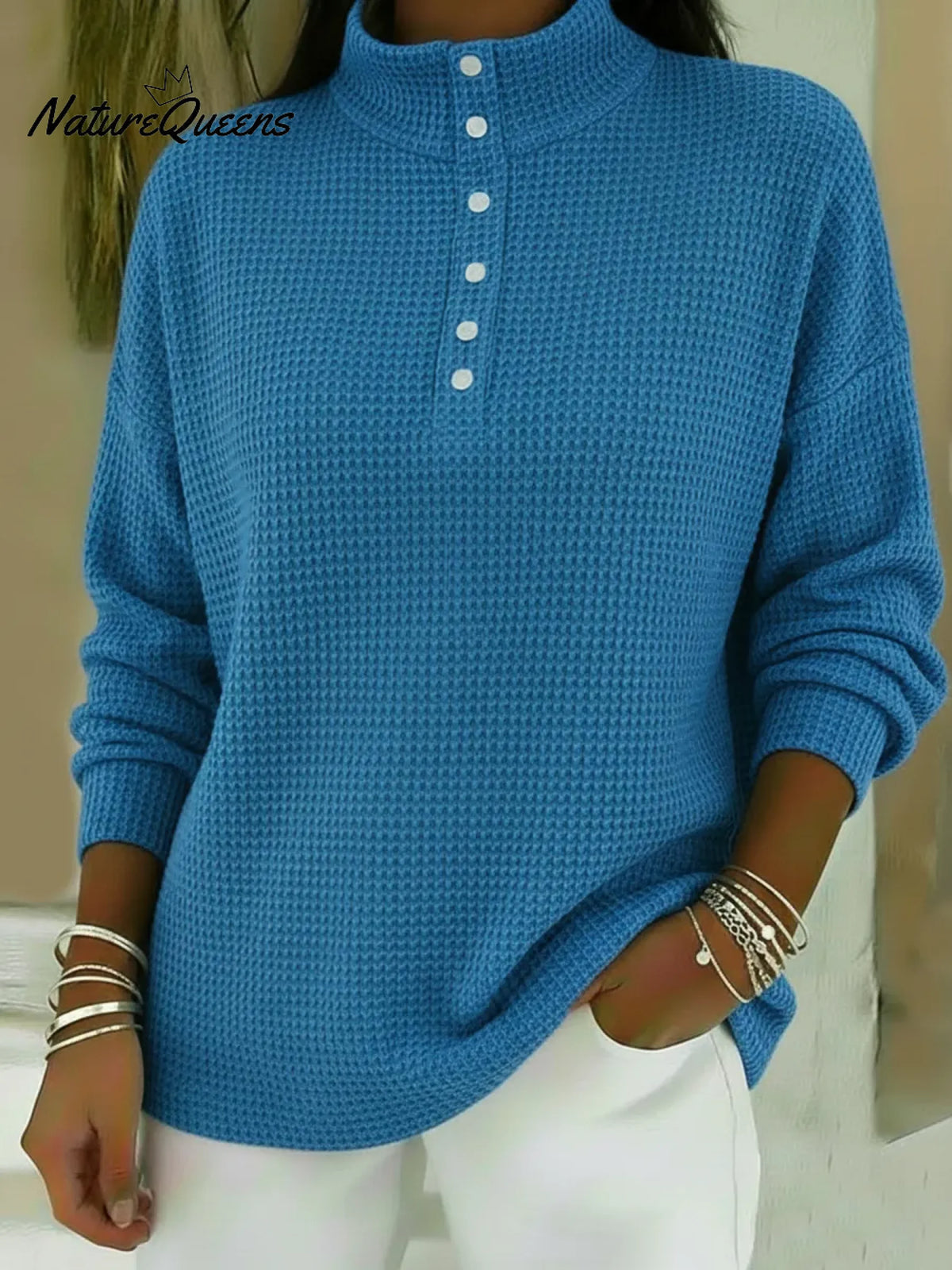 Casual Stand-collar Button-up Waffle-knit Sweatshirt