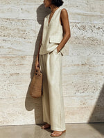 Women's Simple Sleeveless Cotton And Linen Set