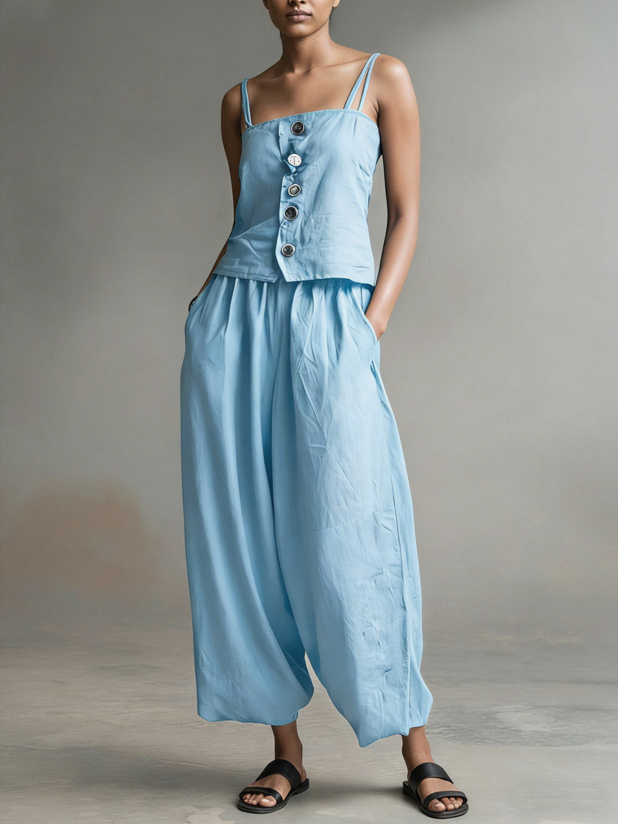 Women's Solid Color Sleeveless Casual Loose Camisole Top With Elastic Waist And Wide-leg Pants Cotton Set
