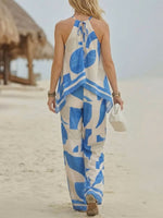 Comfortable And Stylish Two-piece Set Featuring An Art-print Halter Top And Trousers.