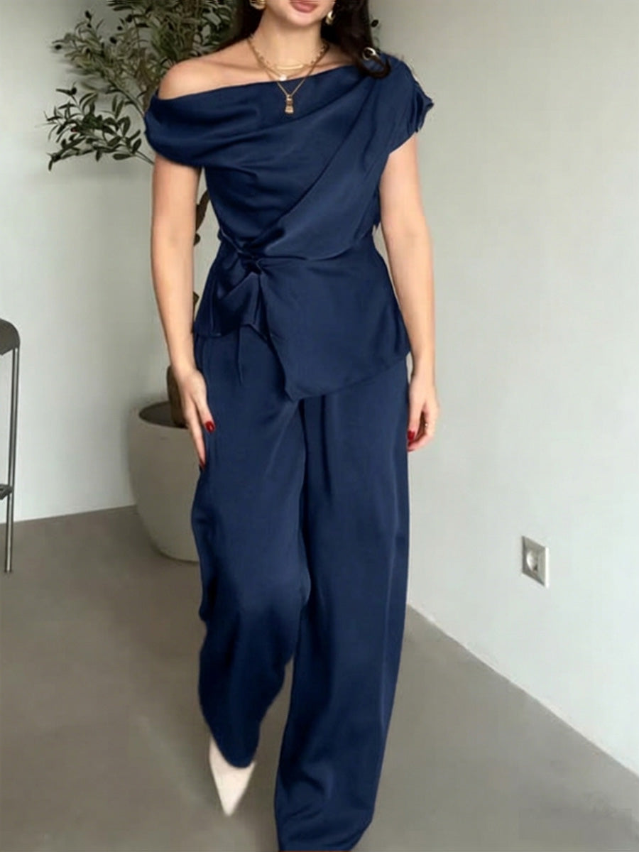 Women's Solid-color Off-shoulder Short-sleeve Loose-fit Top & High-waisted Wide-leg Pants Satin Two-piece Set