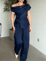 Women's Solid-color Off-shoulder Short-sleeve Loose-fit Top & High-waisted Wide-leg Pants Satin Two-piece Set