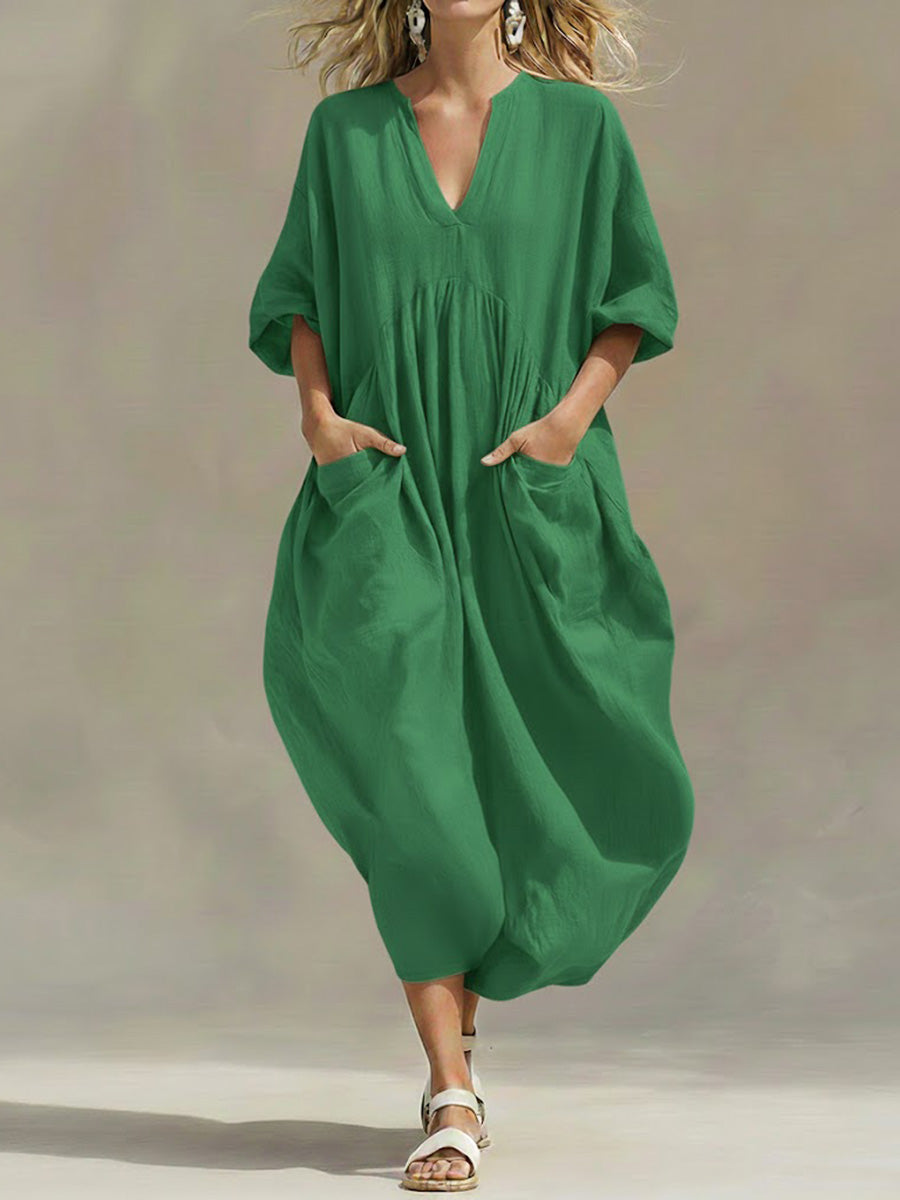 Women's Solid Color V-neck 3/4 Sleeve Casual Loose Cotton And Linen Dress