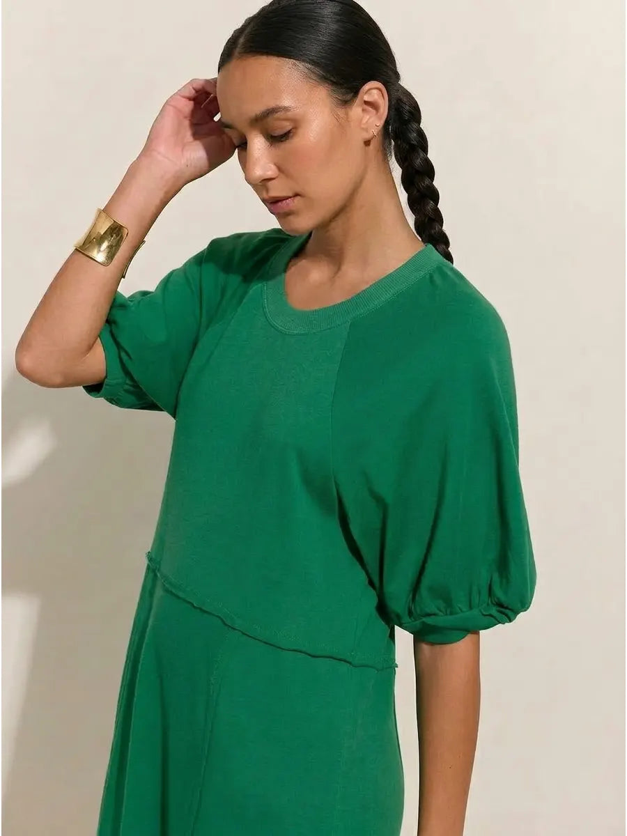 Vestido midi maxi de manga corta con corte relajado y mangas raglán, vestido casual de verano con vuelo y corte en A de color liso.
