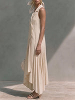 Women's Solid-color Collared Sleeveless Casual Loose Cotton-linen A-line Dress