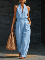Elegant Cozy V-neck Button-up Loose Linen Jumpsuit