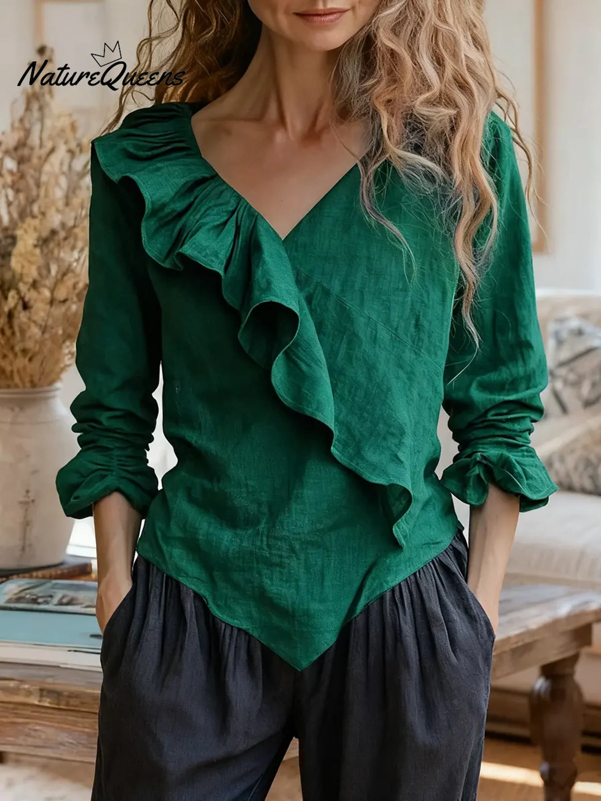 Women's Solid Color V-neck Long Sleeve Casual Loose Ruffled Cotton Linen Top