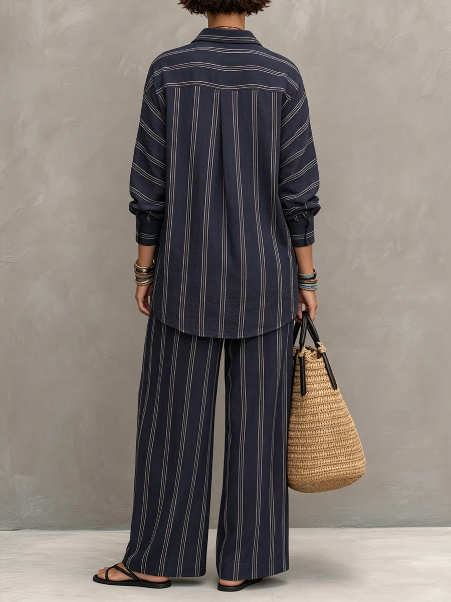 Conjunto informal de algodón y lino a rayas para mujer