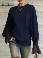 Women's Solid Color Round Neck Long-sleeved Casual Loose Sweatshirt With Mesh Paneling.