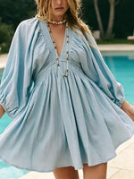 Bohemian Long Bishop Sleeve A-Line Short Dress for Vacation Poolside Wear