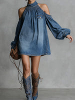 Women's Stand-collar Long-sleeved Casual Loose Denim Dress