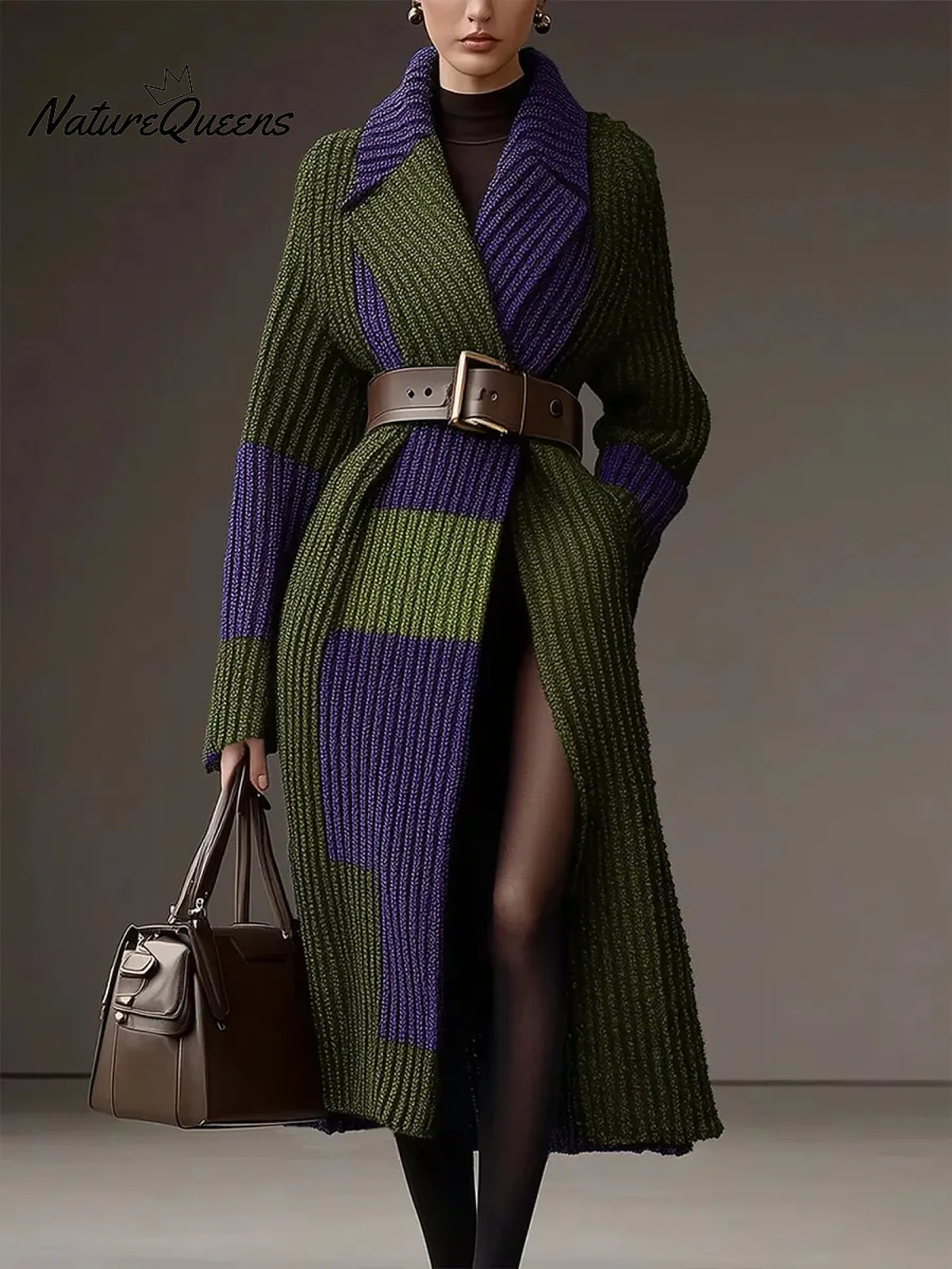 Women's Color-blocked Suit Collar Long Sleeve Casual Loose Long Knit Cardigan