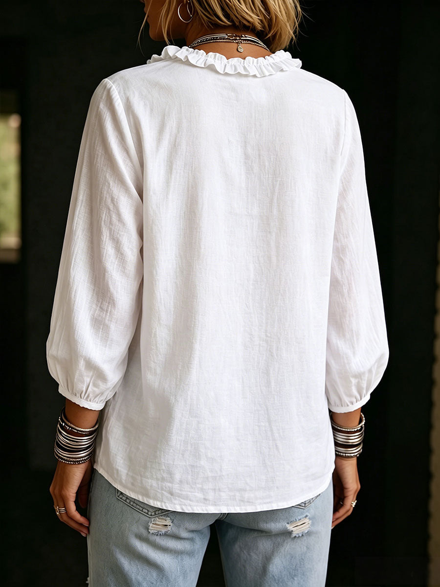 Top casual de manga larga, cuello redondo y corte holgado, de color liso, confeccionado en algodón y lino, para mujer.