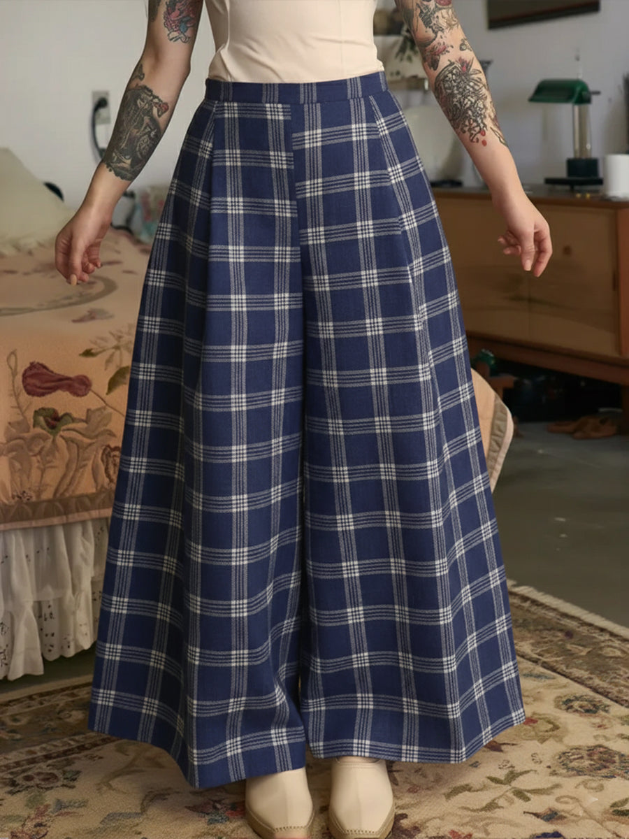 Adjustable Waist Checkered Linen And Cotton Pants