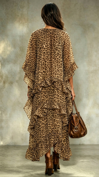 Women's Leopard Print Maxi Dress with Layered Ruffles and Loose Batwing Sleeves