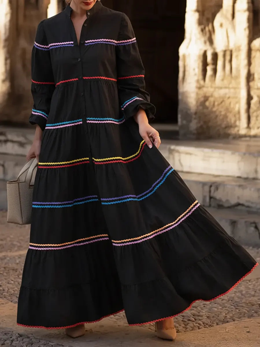 Women's Patchwork Colorful Woven Ribbon 100% Cotton Maxi Dress