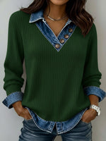 Casual Patchwork Denim Knit Top