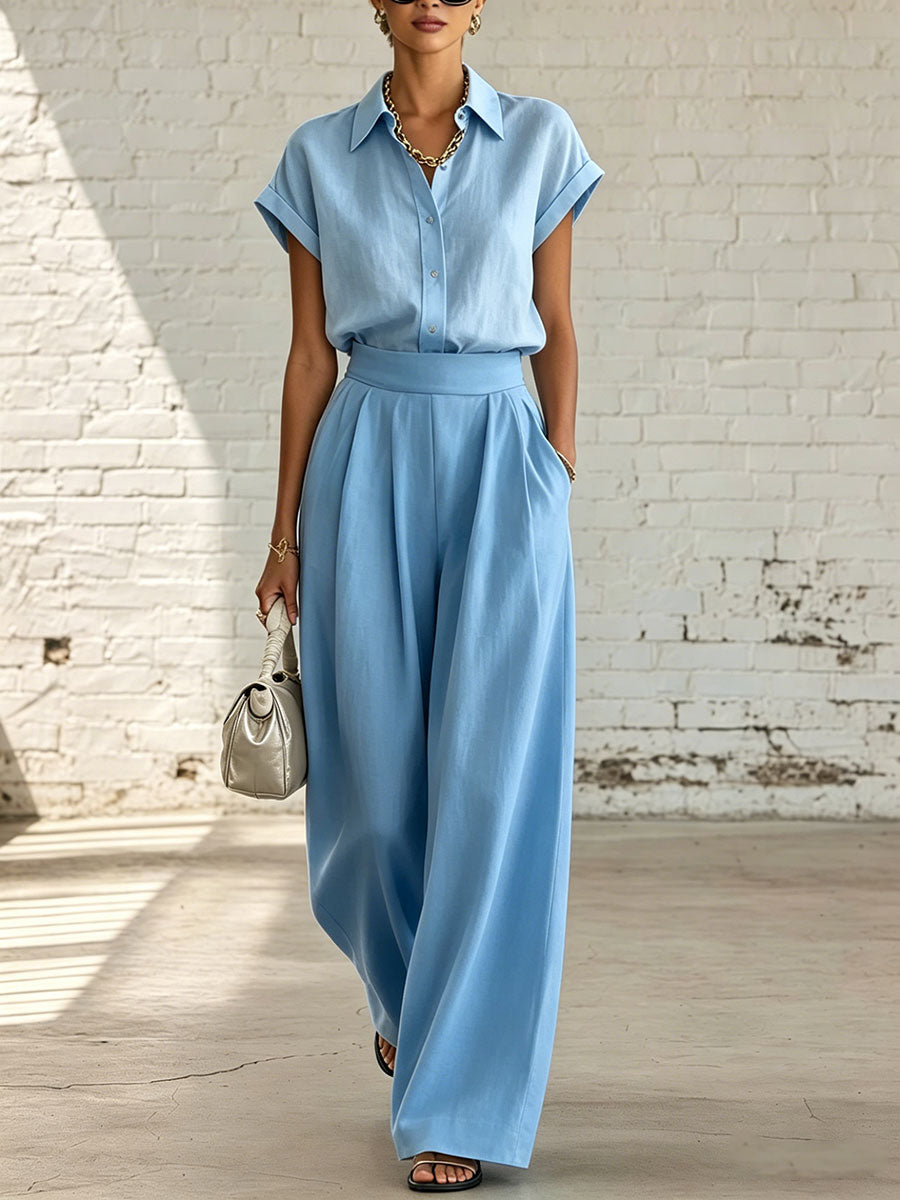 Women's Casual Solid-color Shirt & Wide-leg Pants Two-piece Set