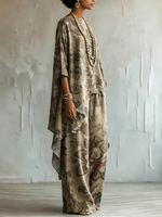 Loose-fit Vintage Floral Cotton-linen Top + Wide-leg Pants Set