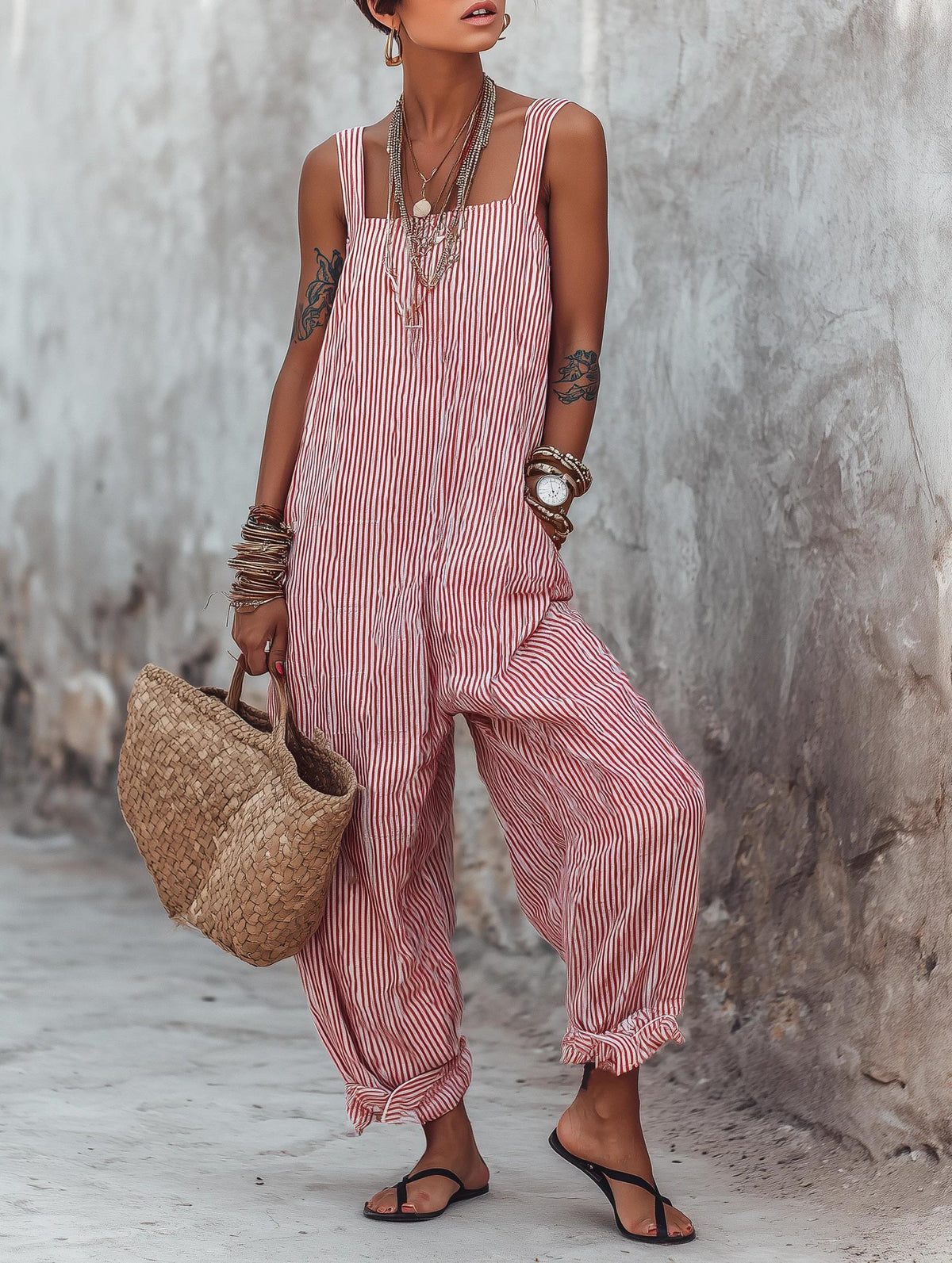 Striped Square-Neck Cotton-Linen Jumpsuit with Spaghetti Straps