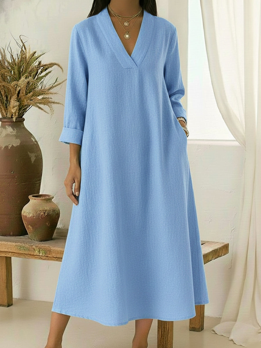 Casual V-neck Cotton And Linen A-line Dress