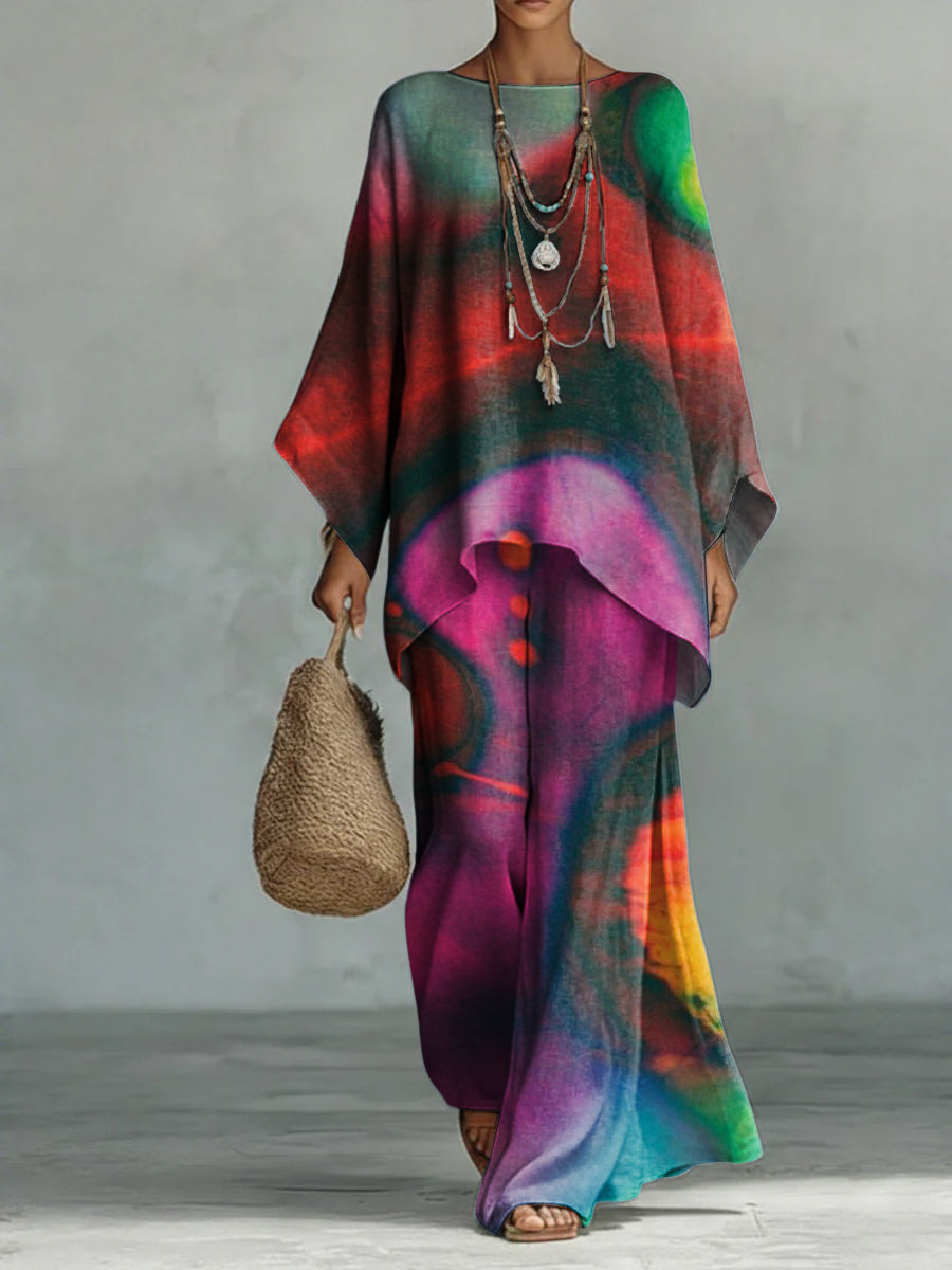 Colorful Gradient Decorative Pattern Long Sleeve Linen Cotton Top And Pants