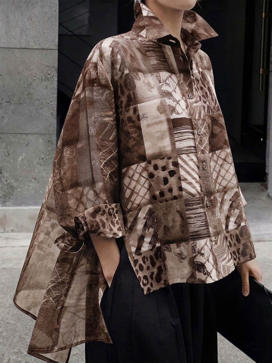 Women's Casual Loose-fit Printed Top With Shirt Collar And Long Sleeves