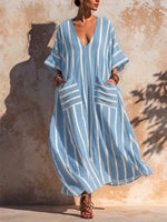 Casual Loose-fit Striped Linen And Cotton Dress