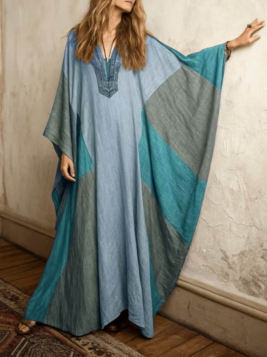 Women's Retro Geometric Print V-neck Long-sleeve Casual Loose Cotton-linen Dress