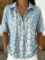 Women's Vintage Botanical Floral Casual Polo Collar Short-sleeved Linen And Cotton Shirt