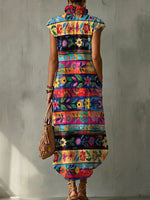 Women's Retro Floral And Horizontal Stripe Decorative Pattern No Sleeve Bud Collar Cotton Linen Dress
