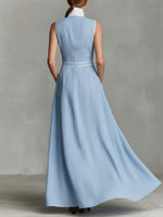 Women's Collared Sleeveless Casual Loose Long Cotton Linen Dress