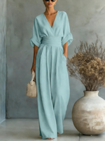 Elegant Vacation Casual Fashion V-neck Waist Jumpsuit