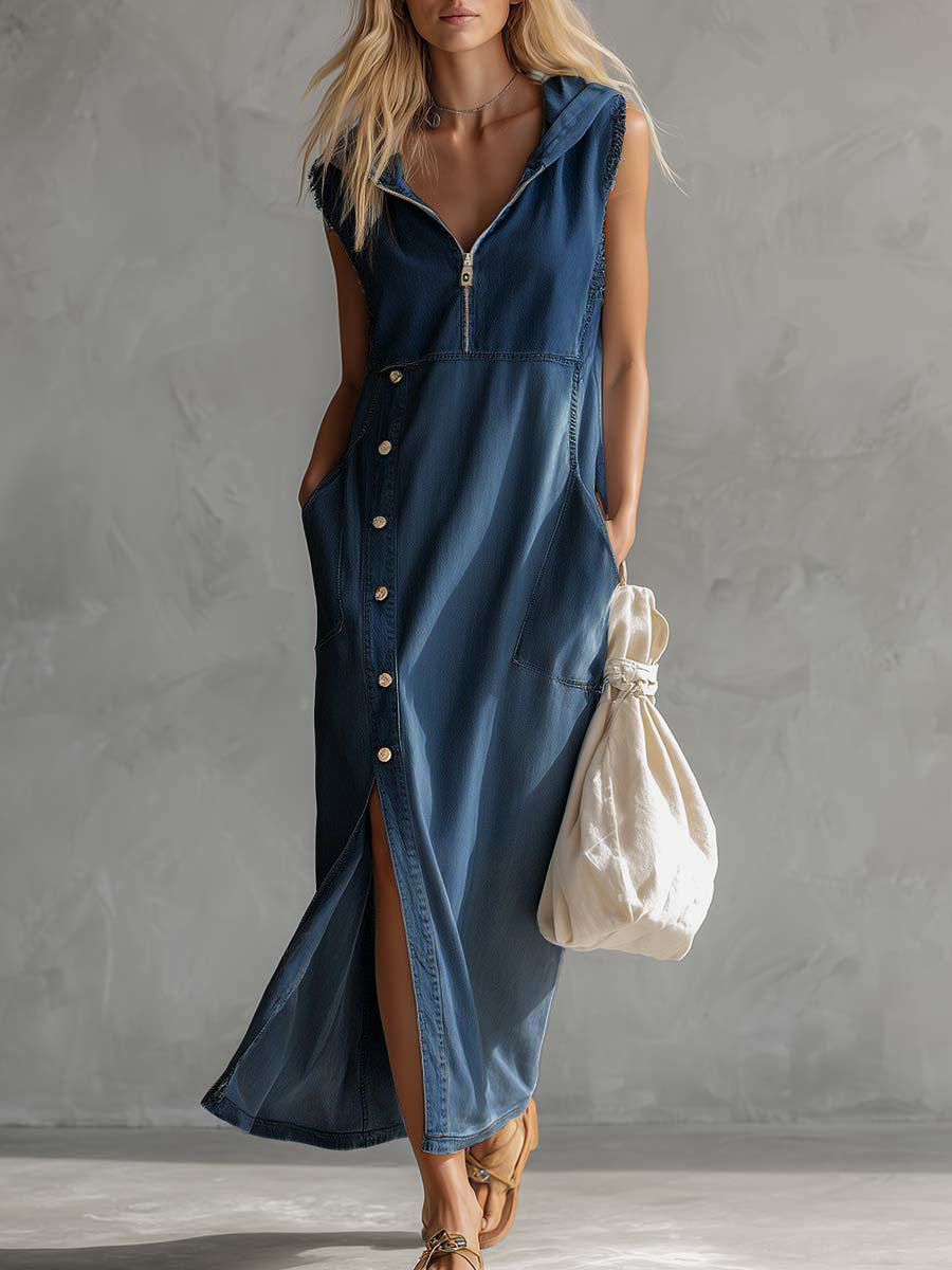 Women's Sleeveless Casual Loose Hooded Denim Dress