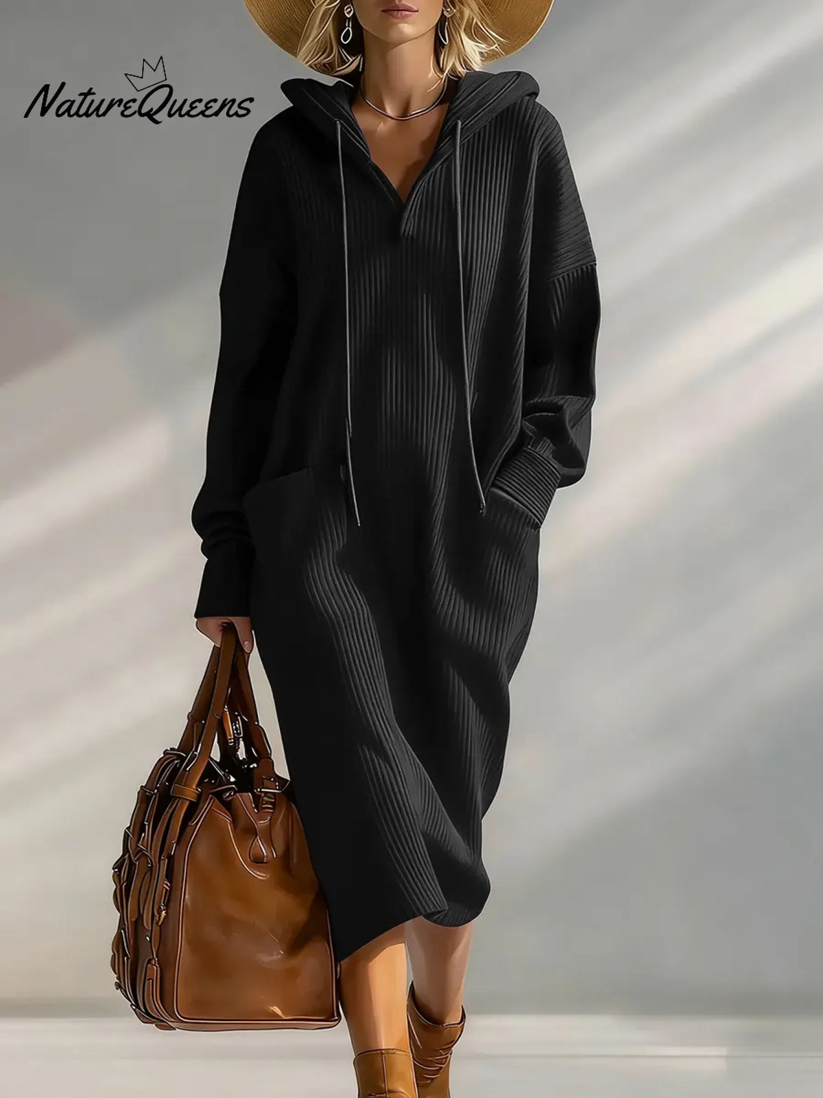 Women's Solid Color Long-sleeved Casual Loose Hooded Knit Dress