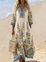 Women's Embroidered Pattern Print Casual V-neck Cotton-linen Dress