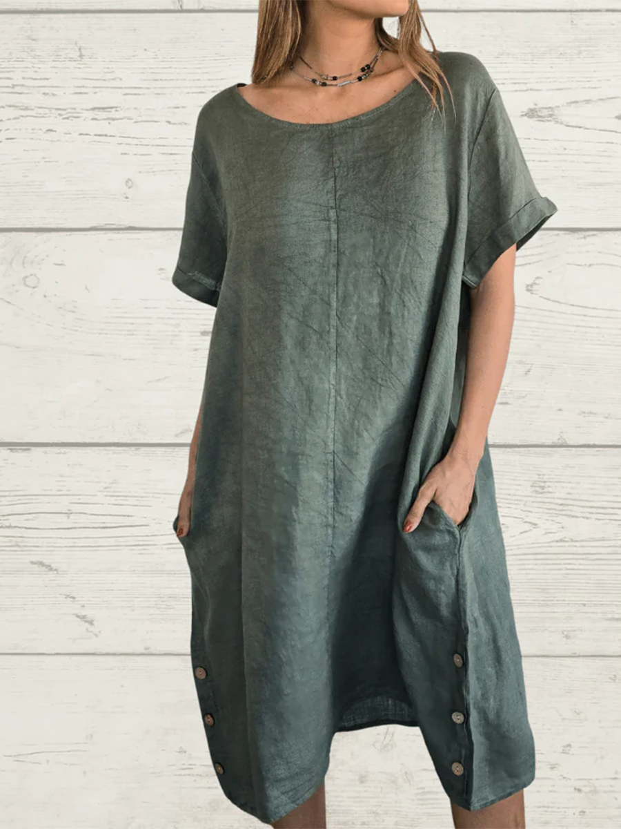 Casual Side-slit Button-up Linen Dres