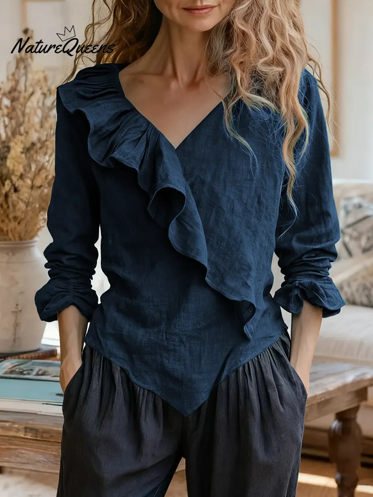 Women's Solid Color V-neck Long Sleeve Casual Loose Ruffled Cotton Linen Top