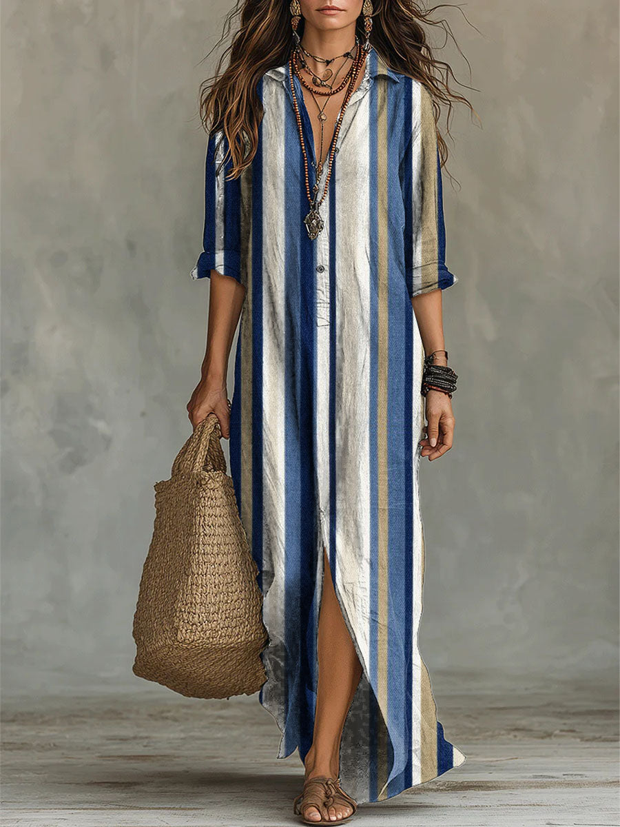 Colorful Vertical Stripe Decorative Pattern Women's Long Sleeve Cotton Dress