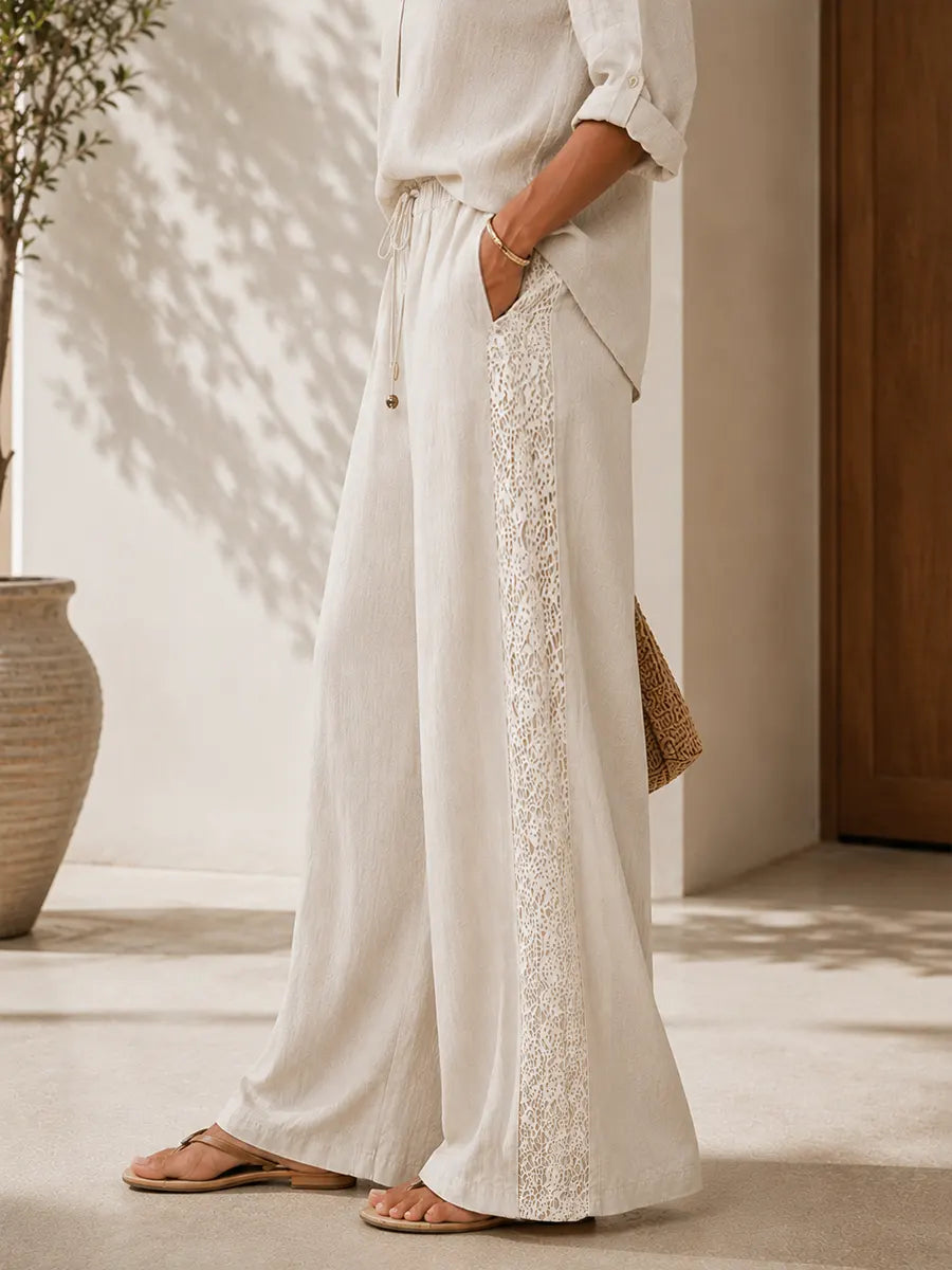 Comfortable Patchwork Lace Tencel Linen Wide-leg Pants