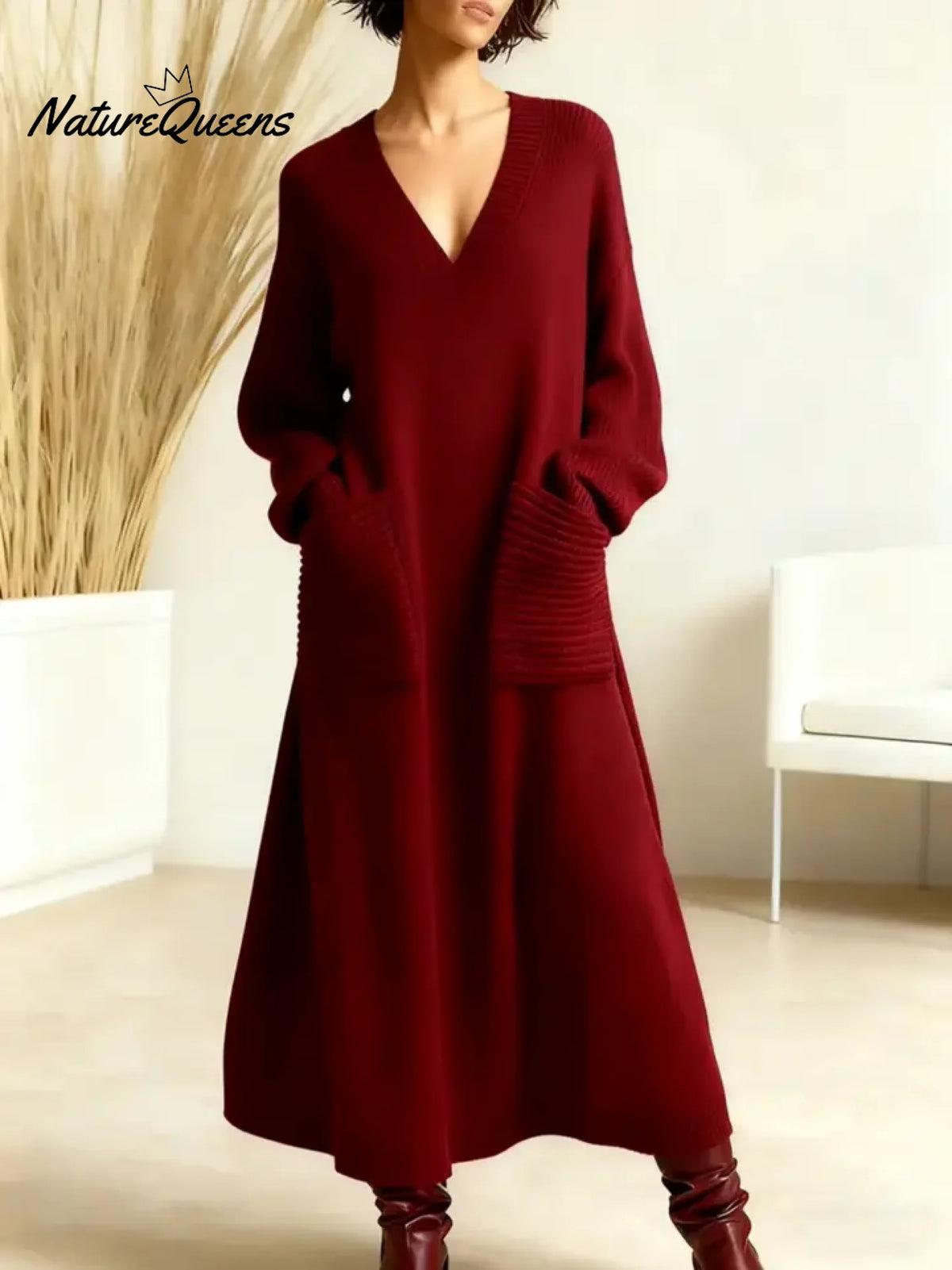 Women's Solid Color V-neck Long Sleeve Casual Pocket Loose Knit Dress