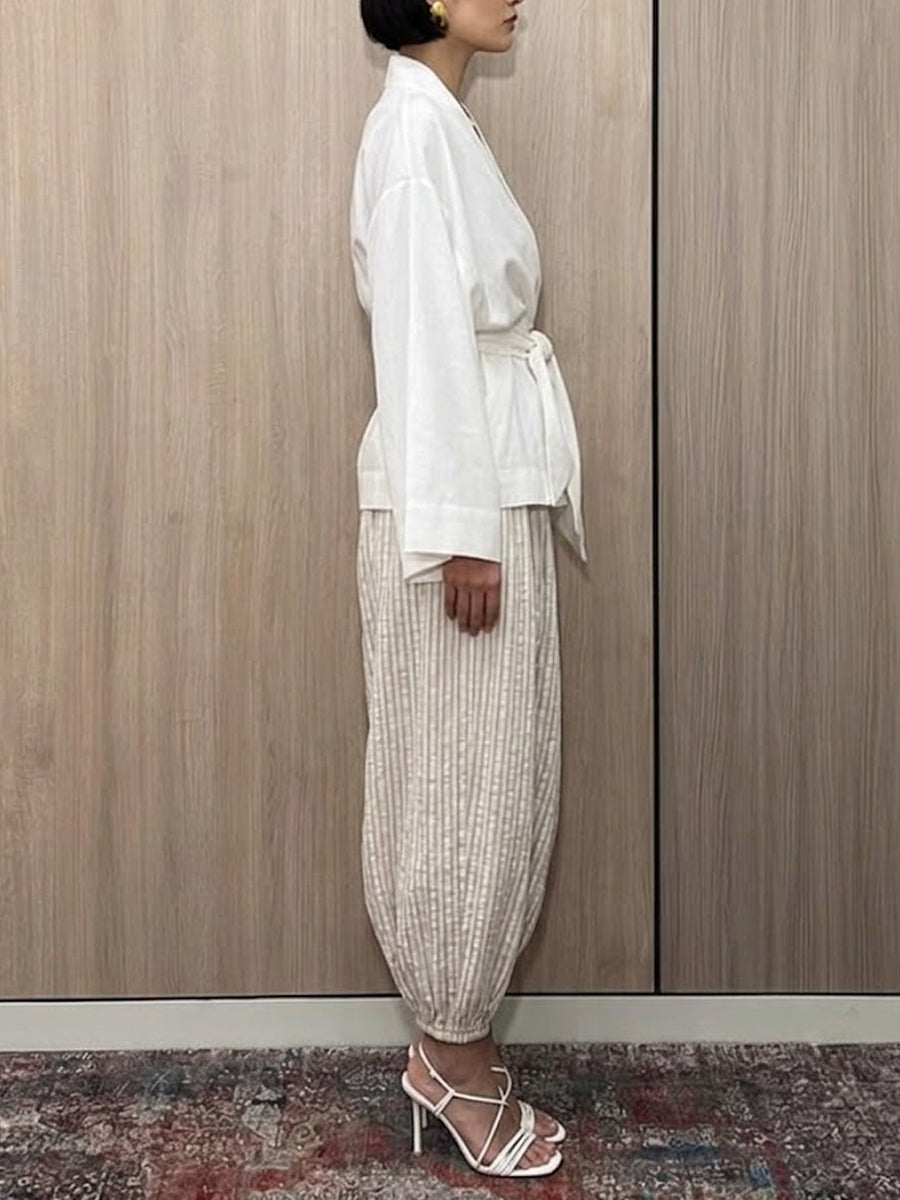 Women's Lazy Design Striped Lantern Pants Cotton And Linen Set
