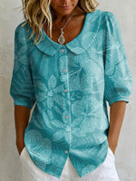 Bohemian-style Line-art Floral Print, Peter Pan Collar, Button-front Casual Cardigan