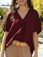 Women's Solid Color V-neck Short-sleeved Casual Loose Cotton And Linen Top