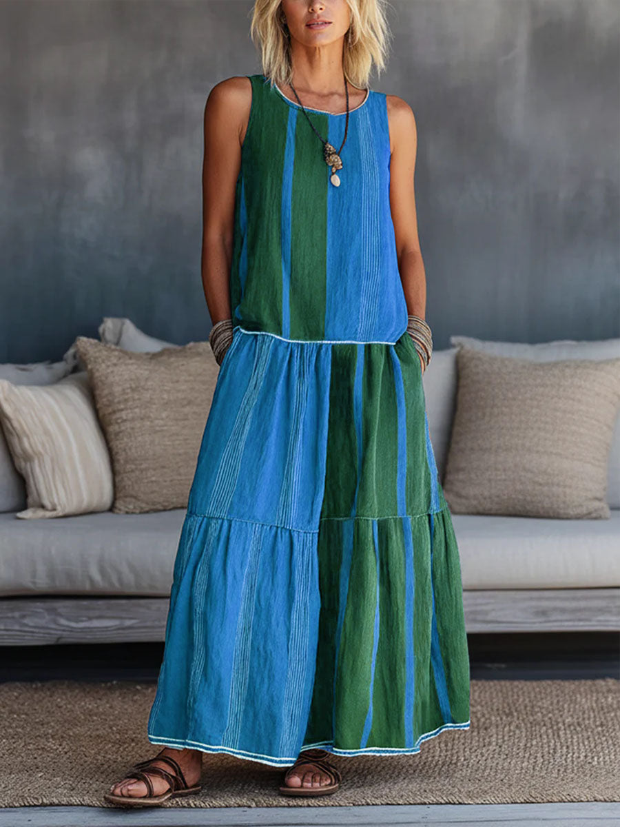 Women's Casual Cotton-linen Two-piece Set: Geometric Print Crew Neck Sleeveless Loose-fit Top & High-waisted A-line Skirt
