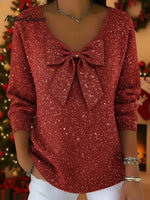 Christmas Sparkly V-neck Bow Sweater